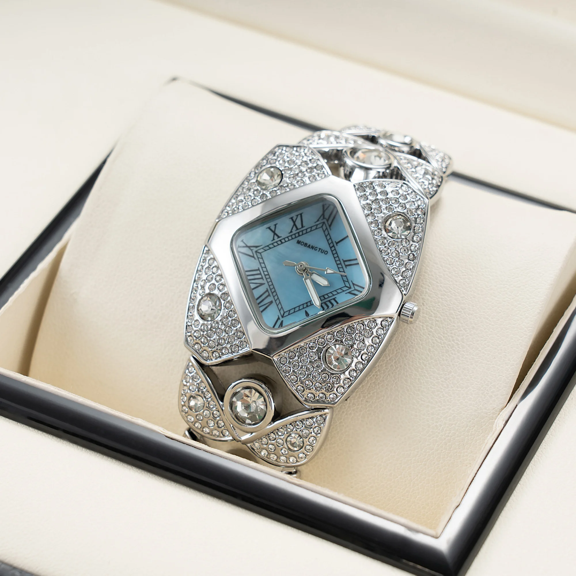 MOBANCTUO Women Quartz Watch Full Rhinestone Inlaid Band Roman Dial Wristwatch Elegant Sparkling Gift For Ladies Girls Party