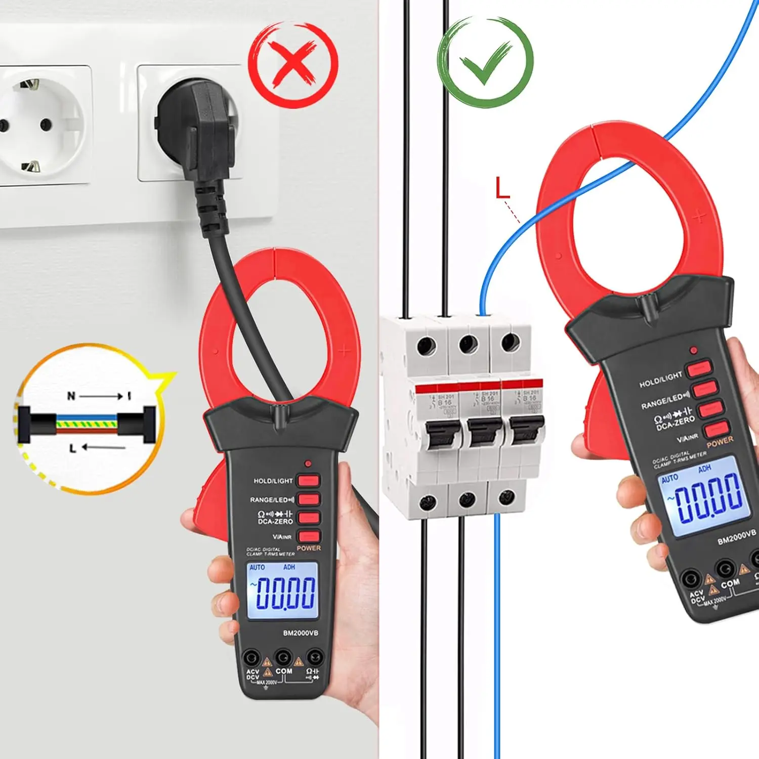 2000 Counts Clamp Meter - DC Amp Multimeter with Voltage, Resistance, Capacitance, Continuity, and Temperature Measurement