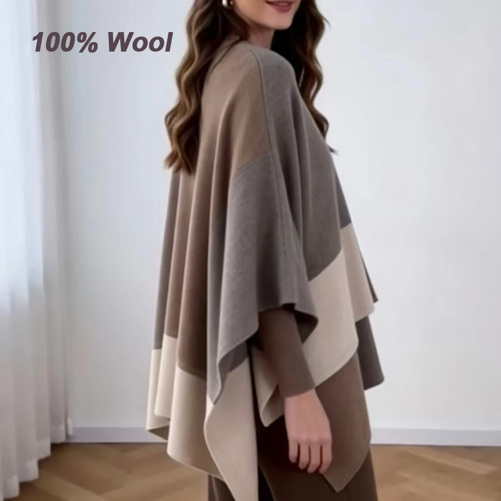 100% Wool Thickened Winter Loose Shawls Ladies Oversized Shawl Wraps Women Luxury Winter Color Blocked Sweater Cloak Jacket Cape