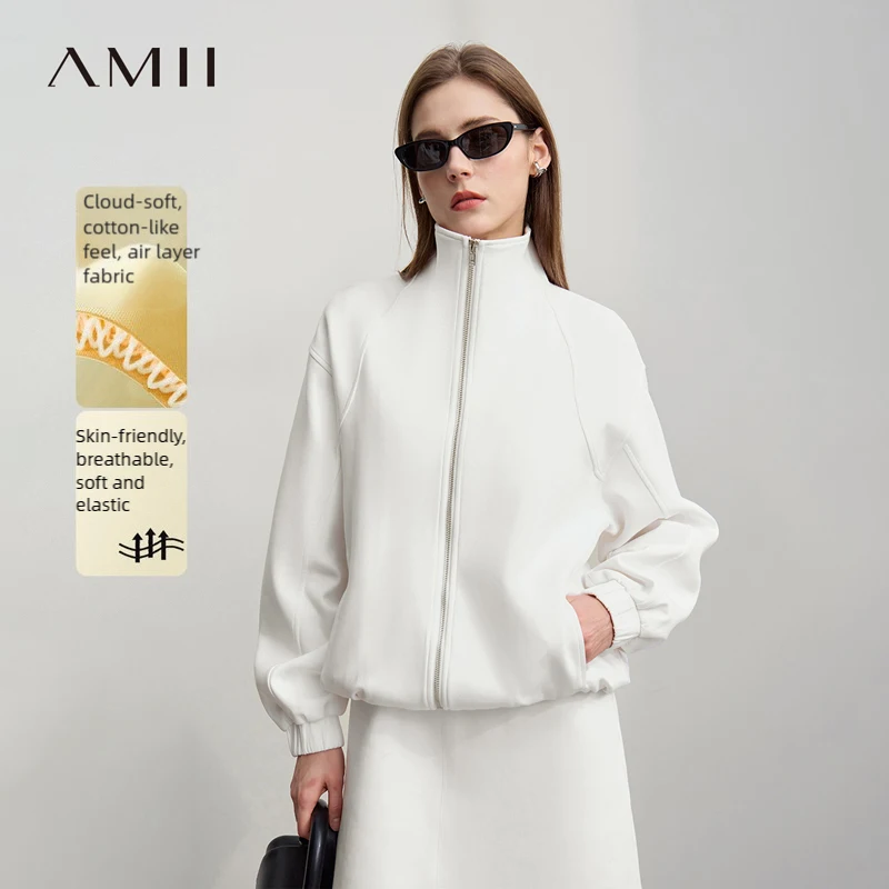 

Женские куртки Amii, новинка весны 2026, хлопковая вязаная куртка с воротником-стойкой и молнией, женский свободный топ с рукавами на плечах 12641079
