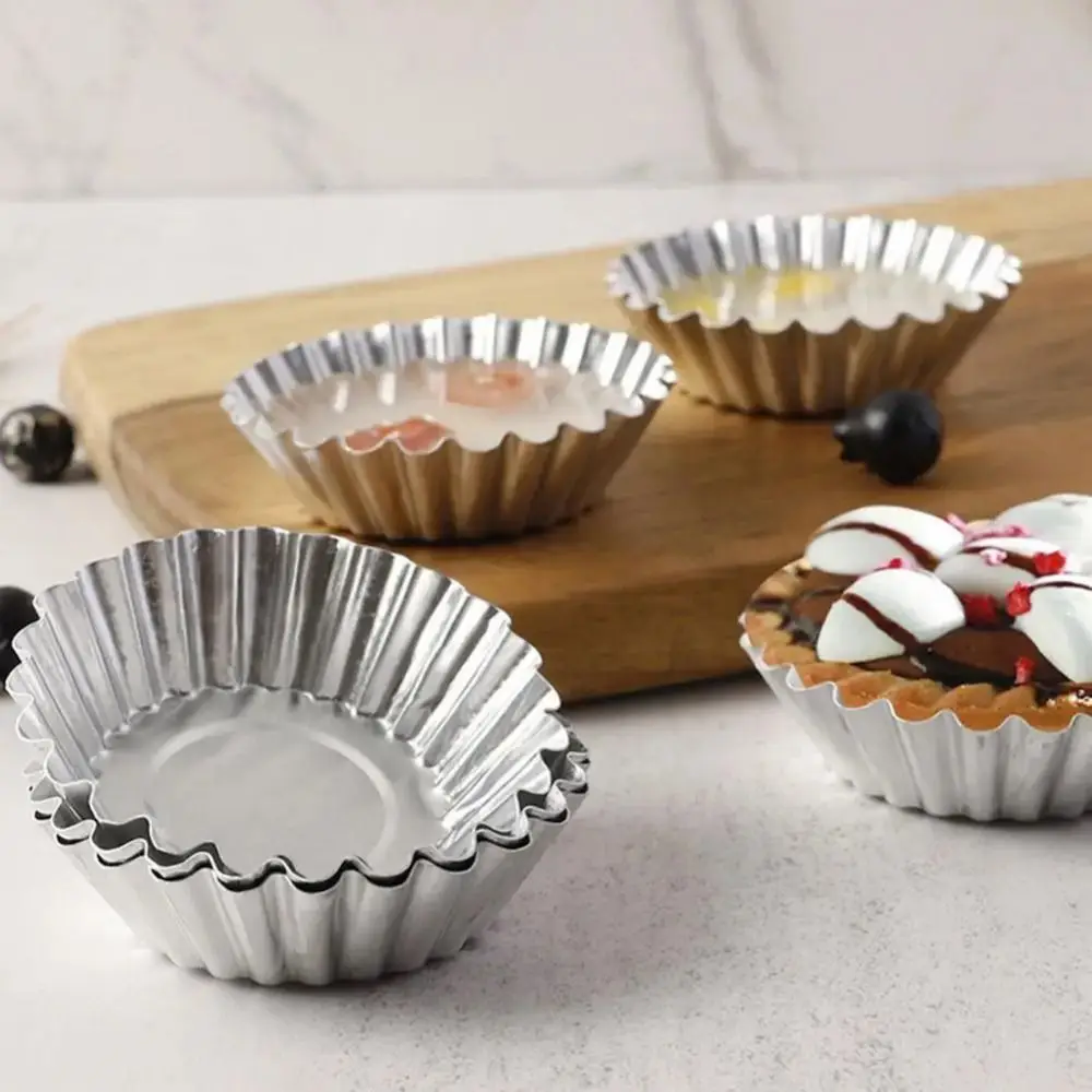

50Pcs Reusable Egg Tart Cup Mold Aluminium Alloy Non-Stick Tart Muffin Molds Flower Shape Pastry Tools Kitchen Baking Mold