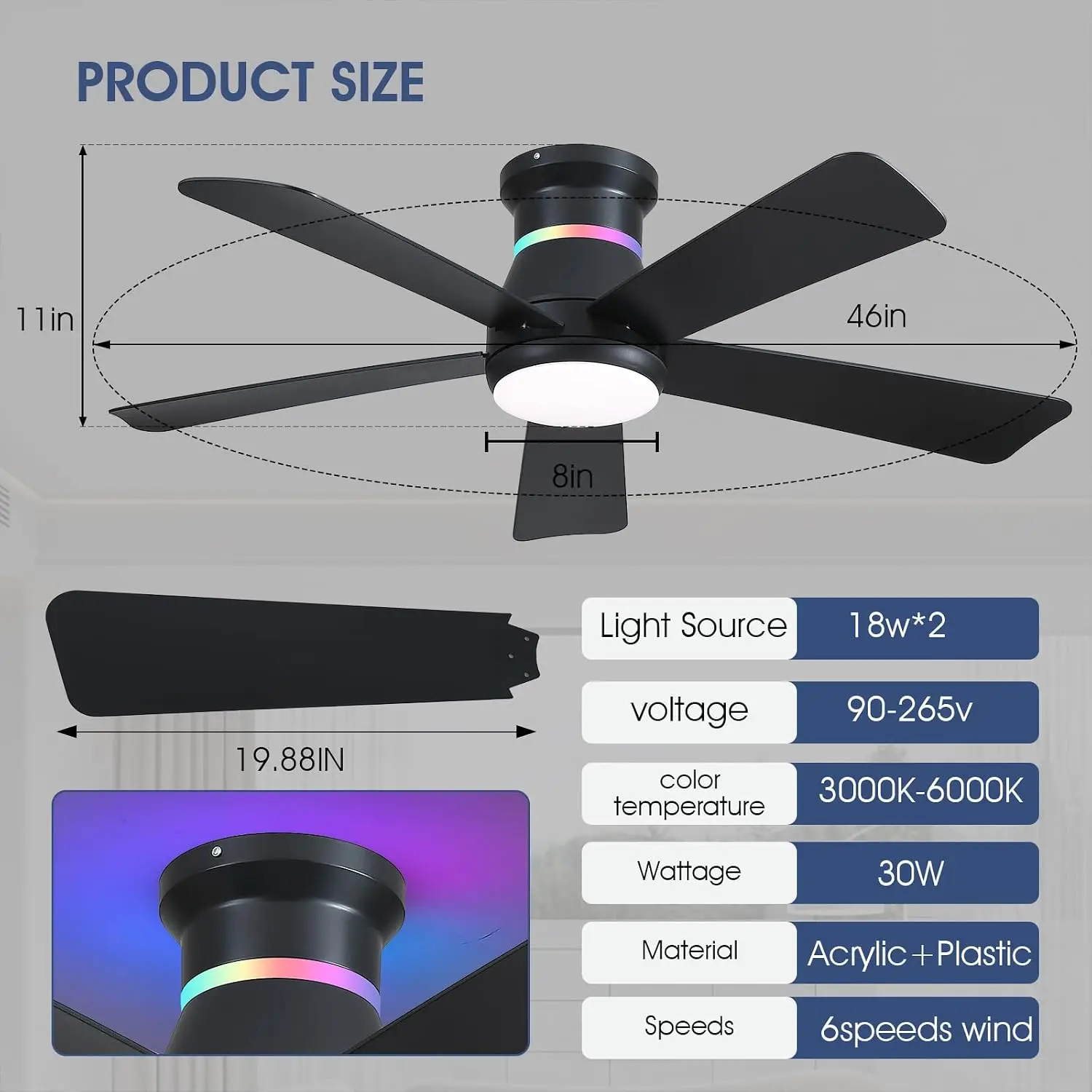 46" Black Ceiling Fan with RGB Lights - Flush Mount, Dimmable LED, Low Profile for Indoor & Covered Outdoor view 3