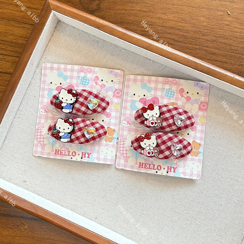 

New Kawaii Sanrio Hello Kitty Red Checkered Cat Hair Clip Sweet Bangs Side Clips Versatile Hair Accessories Christmas Gifts