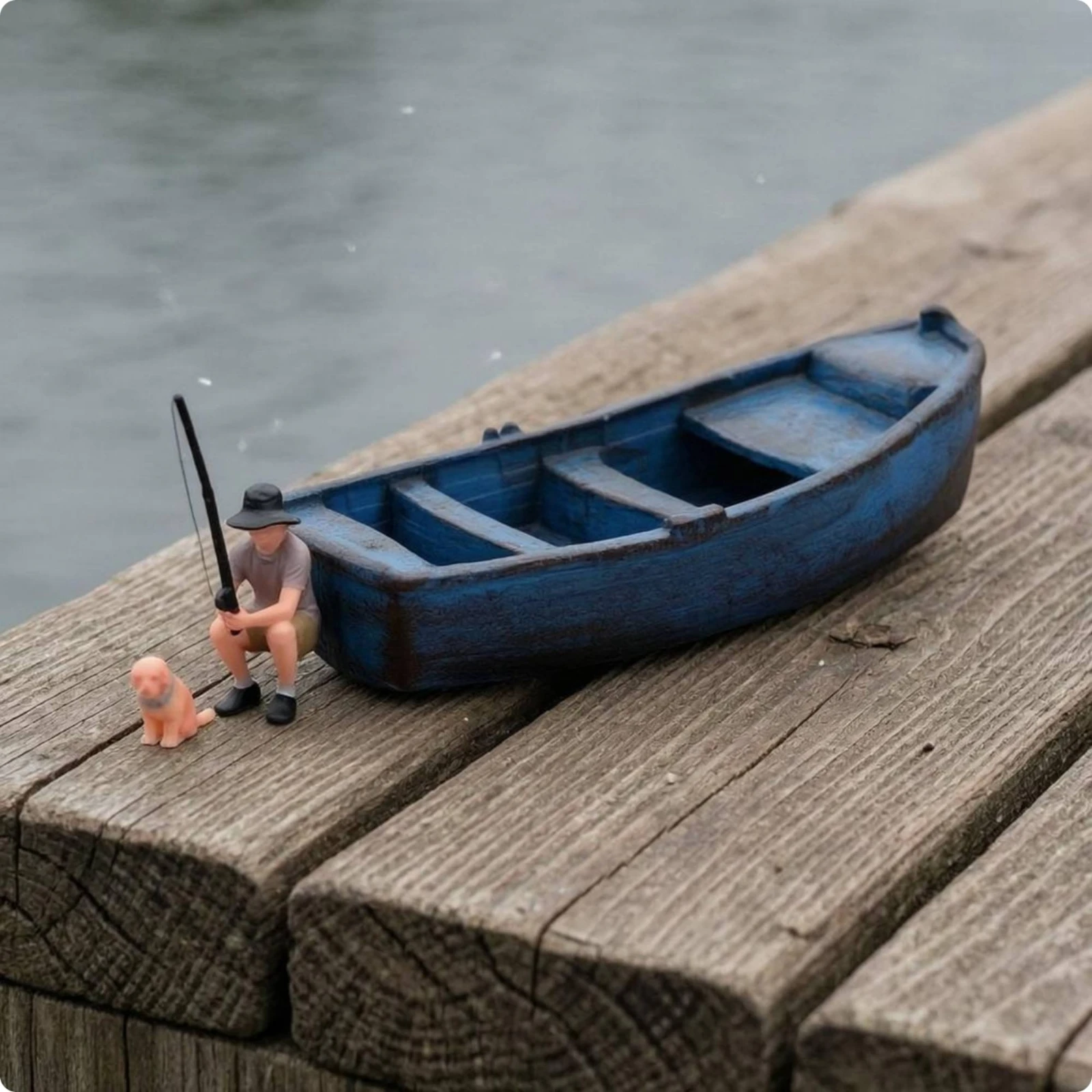 Miniature Fishing Boat Scene Weathered Finish Hand-Painted Boat Model