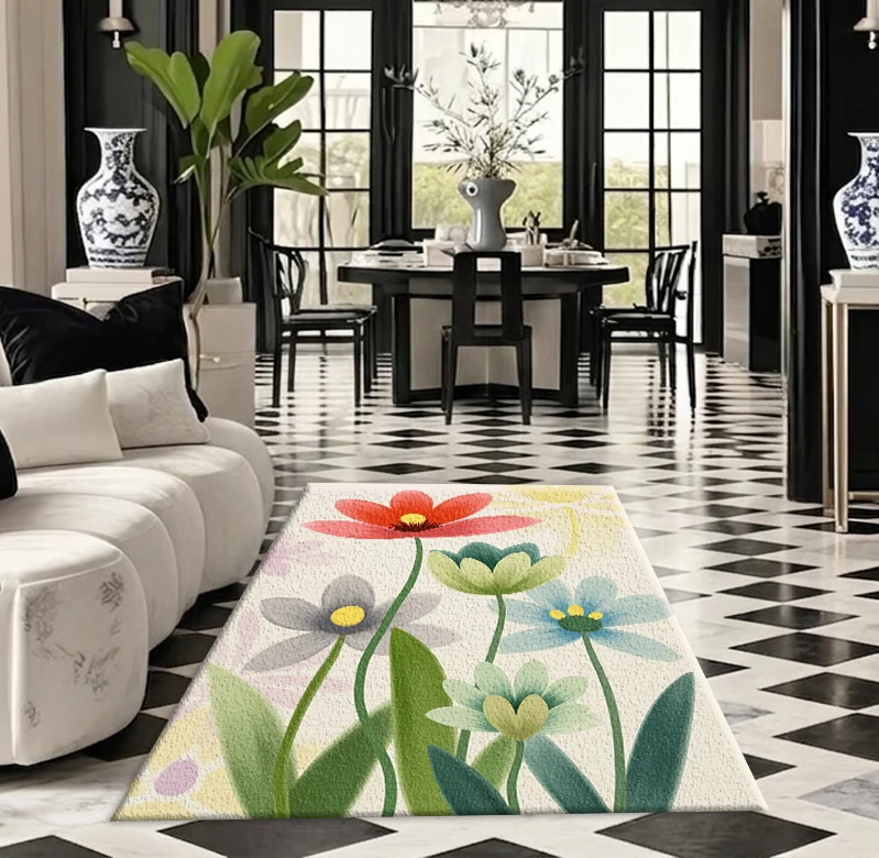 Vibrant Hand-Painted Wildflower Art Rug, Colorful Daisy Print Square Rug, Suitable for Home Interior Decoration