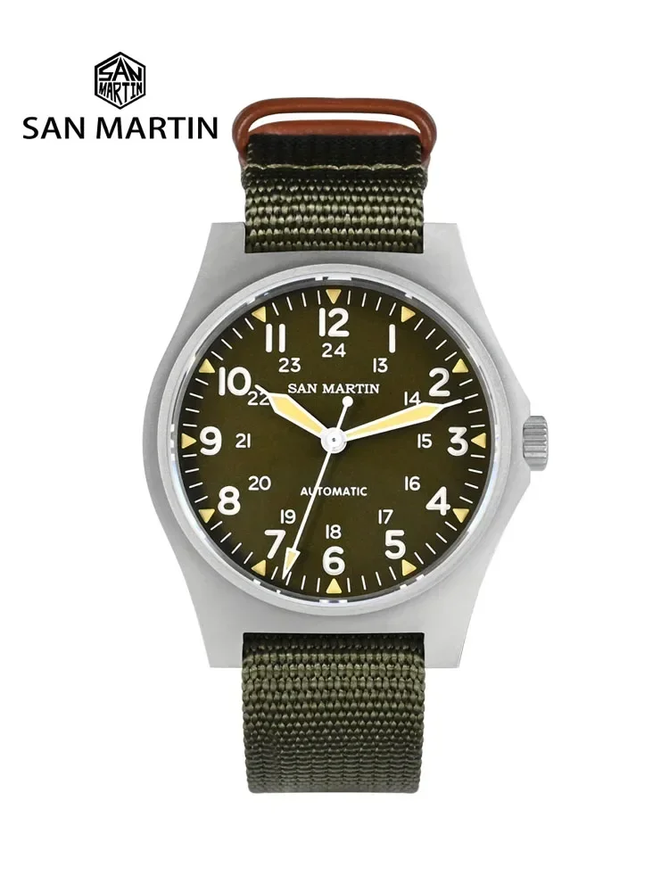 San Martin Pilot Watch 38mm NH35 Retro Military Automatic Mechanical Wristwatch Bead Blasted Case Waterproof 100m Lum SN0137G