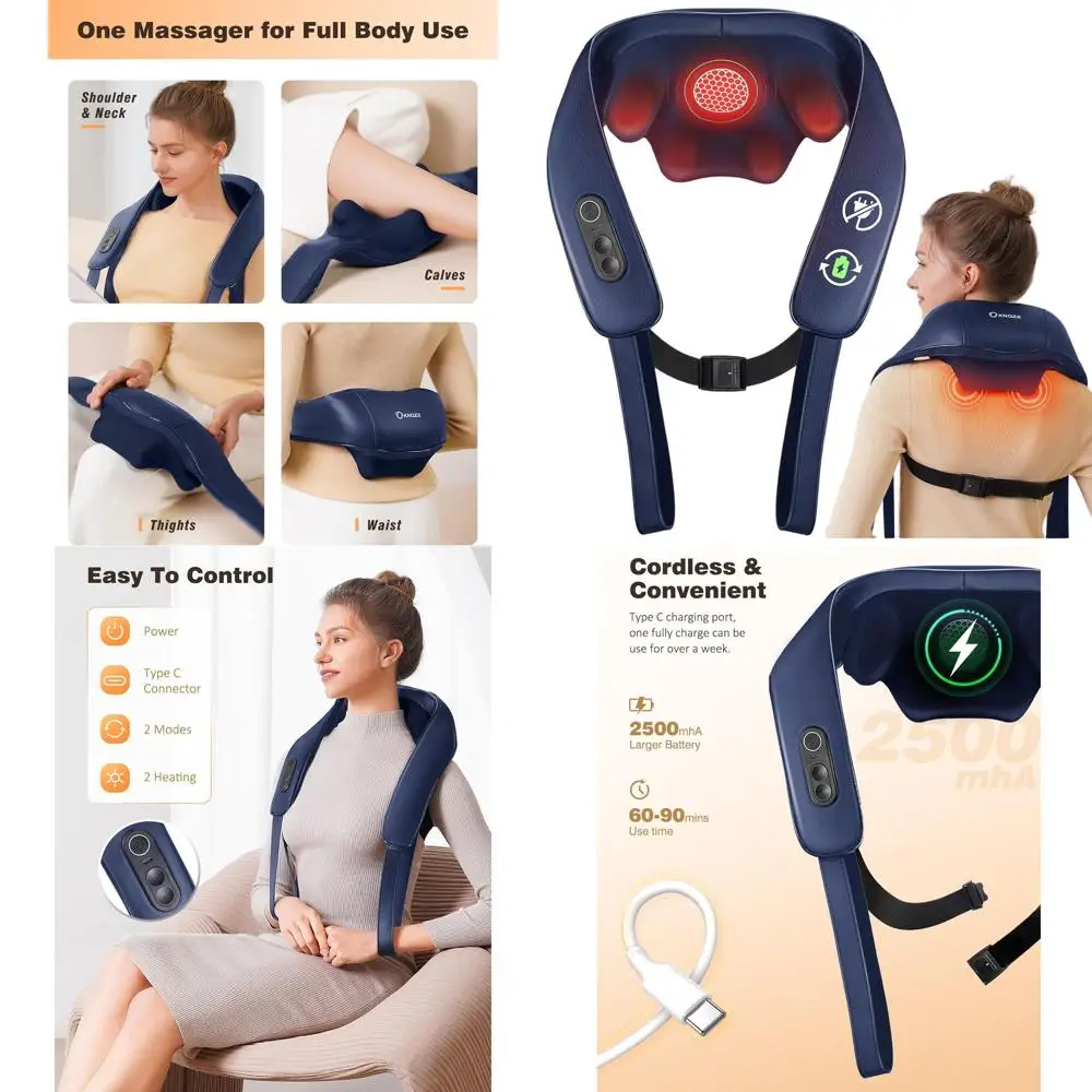 

4D-массажер Шиацу с подогревом для глубокого разминания, снятия боли в спине, плечах и ногах – портативный для дома и путешествий