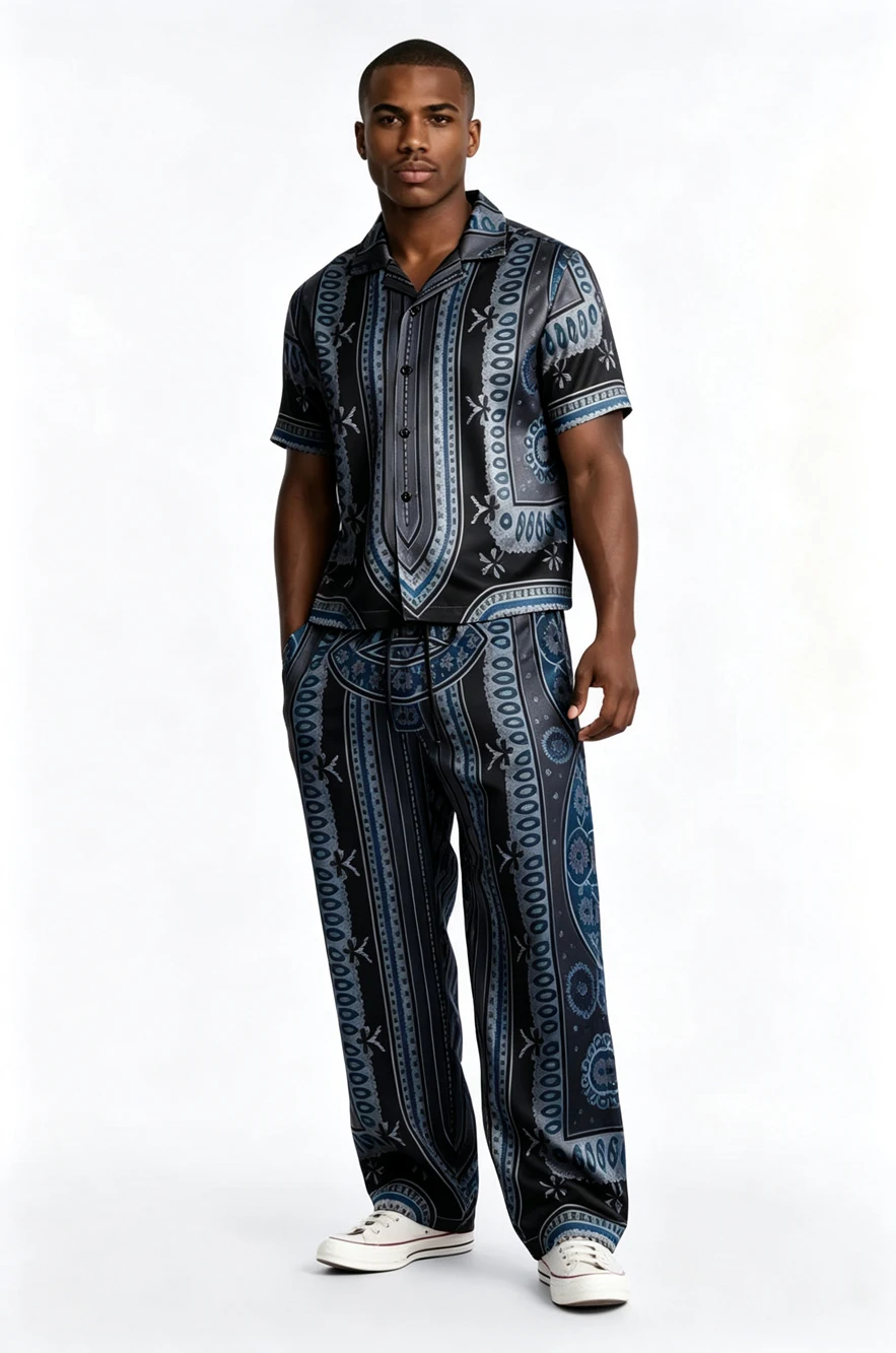 Men's Summer New Short-Sleeve Long Pants Set with Natural Ethnic Pattern Print for Festival Party Vacation Wear Fast Shipping