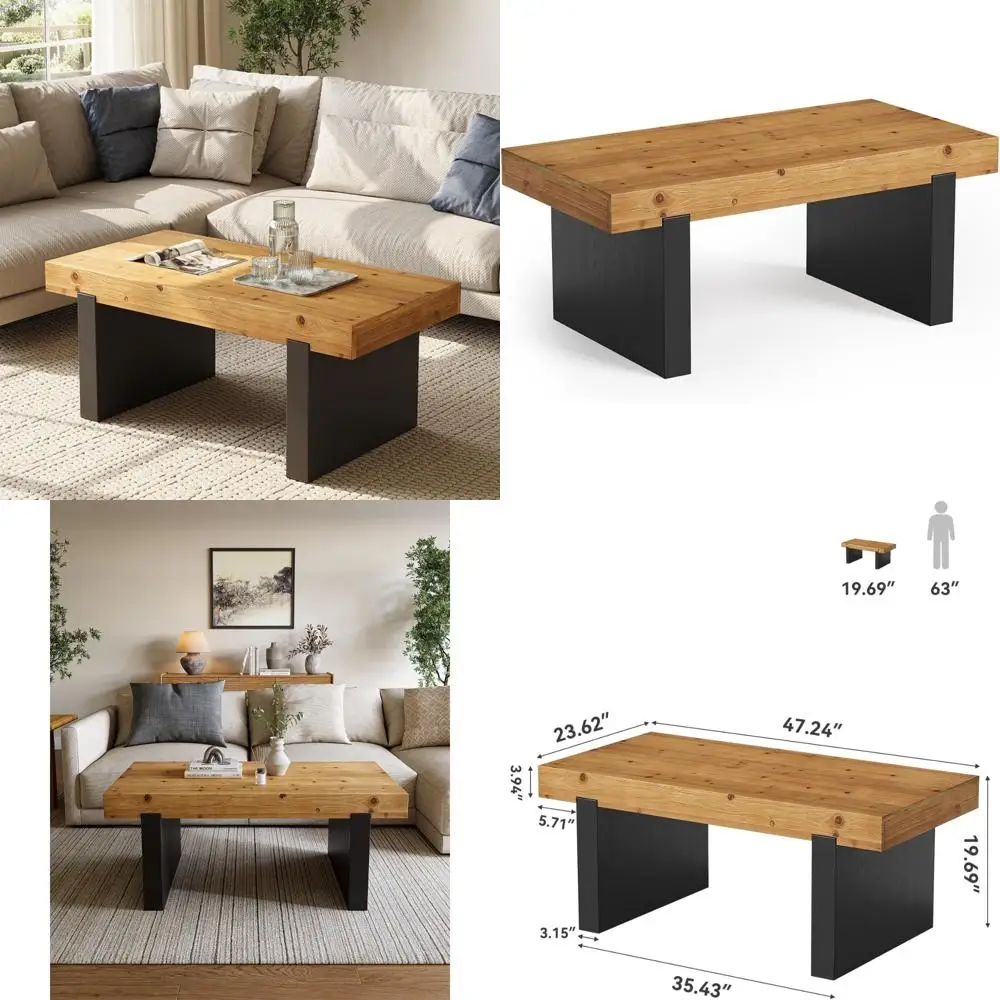 

LITTLE TREE Solid Wood Coffee Table, 47.2 Center Table for Living Room, Black and Wood Two-Tone Modern Coffee Table, Rectangle F