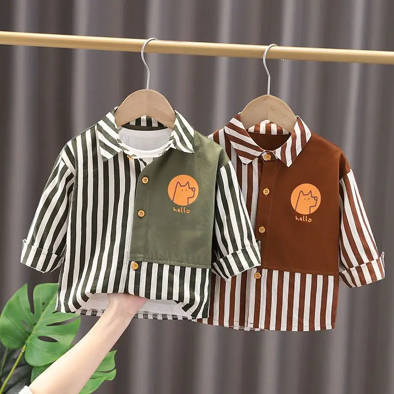 2023 Spring New Boys Clothing Long Sleeve Lapel Striped Cartoon Pattern Printed Children Korean Version Trend Fashion Top Shirt