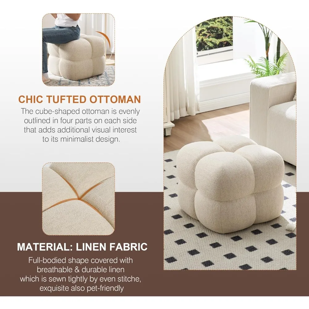 مسند قدم عثماني مربع، طاولة قهوة عثمانية حديثة لغرفة المعيشة، مسند للقدمين من الكتان البيج، مقعد منجد #4