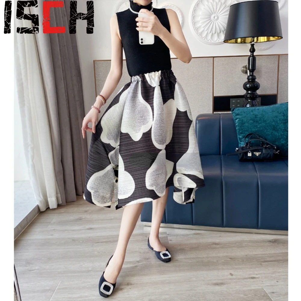 

Pleats Temperament Thin Large Swing A Word Pleated Skirt Female Summer New Printed Half Skirt Simple Loose High Waist Big Size