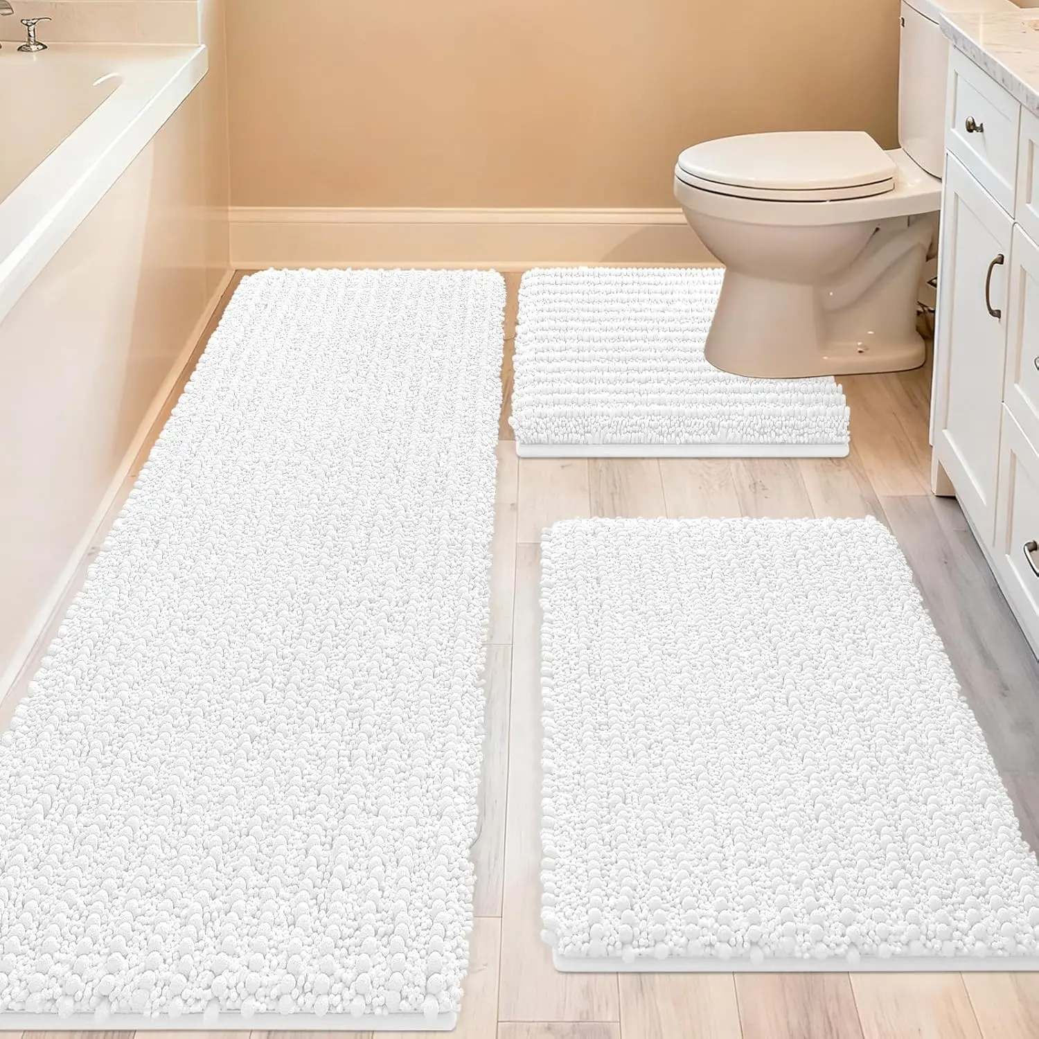 

Extra Large White Bathroom Rug Set, 3 Pieces Ultra Soft Thick Absorbent Mats, Non Slip Chenille for Bathroom Bedroom Kitchen