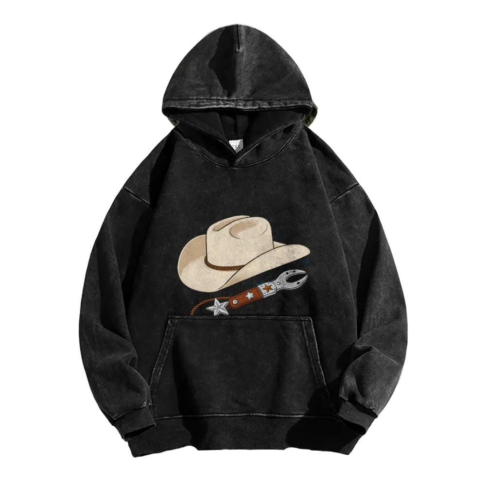

100% Cotton Vintage Washed Black Hoodie with Cowboy Hat Spur Graphic Retro Western Style Sweatshirt for Country Fashion