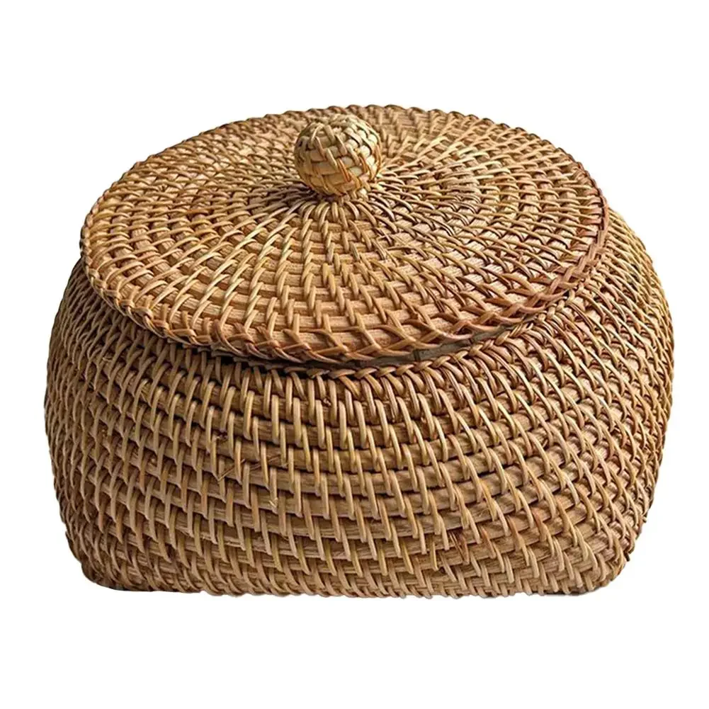 

Корзина для хранения из ротанга ручной работы с крышкой, идеально подходящая для закусок, фруктов, украшения рабочего стола, коробка для хранения ювелирных изделий, органайзер для макияжа