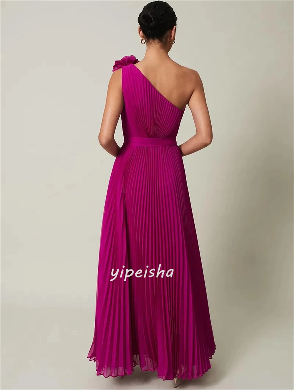 تخصيص الطراز الحديث بسيط اليدوية زهرة الطية مستقيم واحد الكتف فساتين طويلة فساتين مناسبة مخصصة مطابقة الرجعية