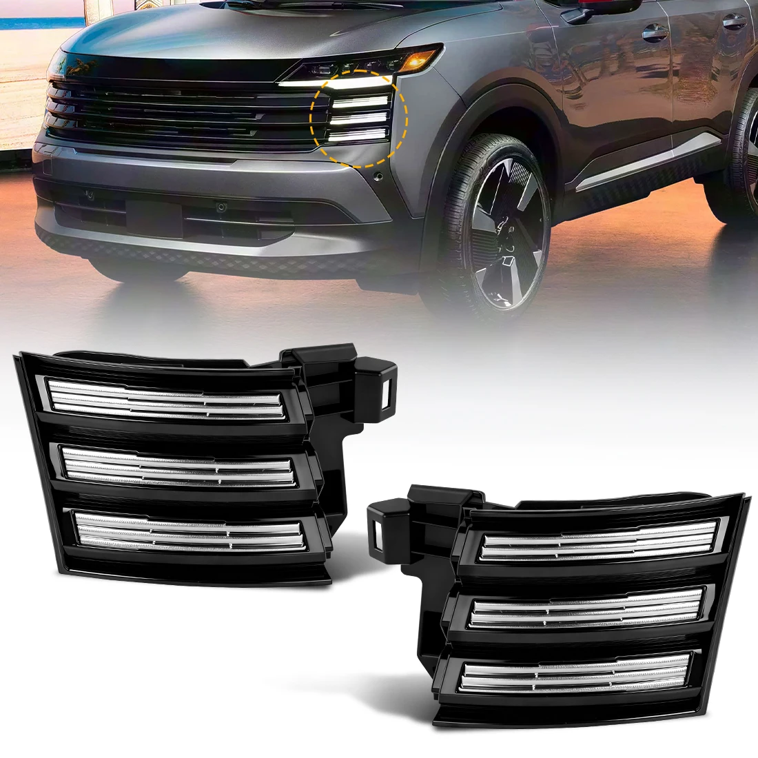 

2pcs Grille Trim For Nissan Kicks 2025 2026 Front Bumper Grill Daytime Running Light Reflector Decoration Car Accessories