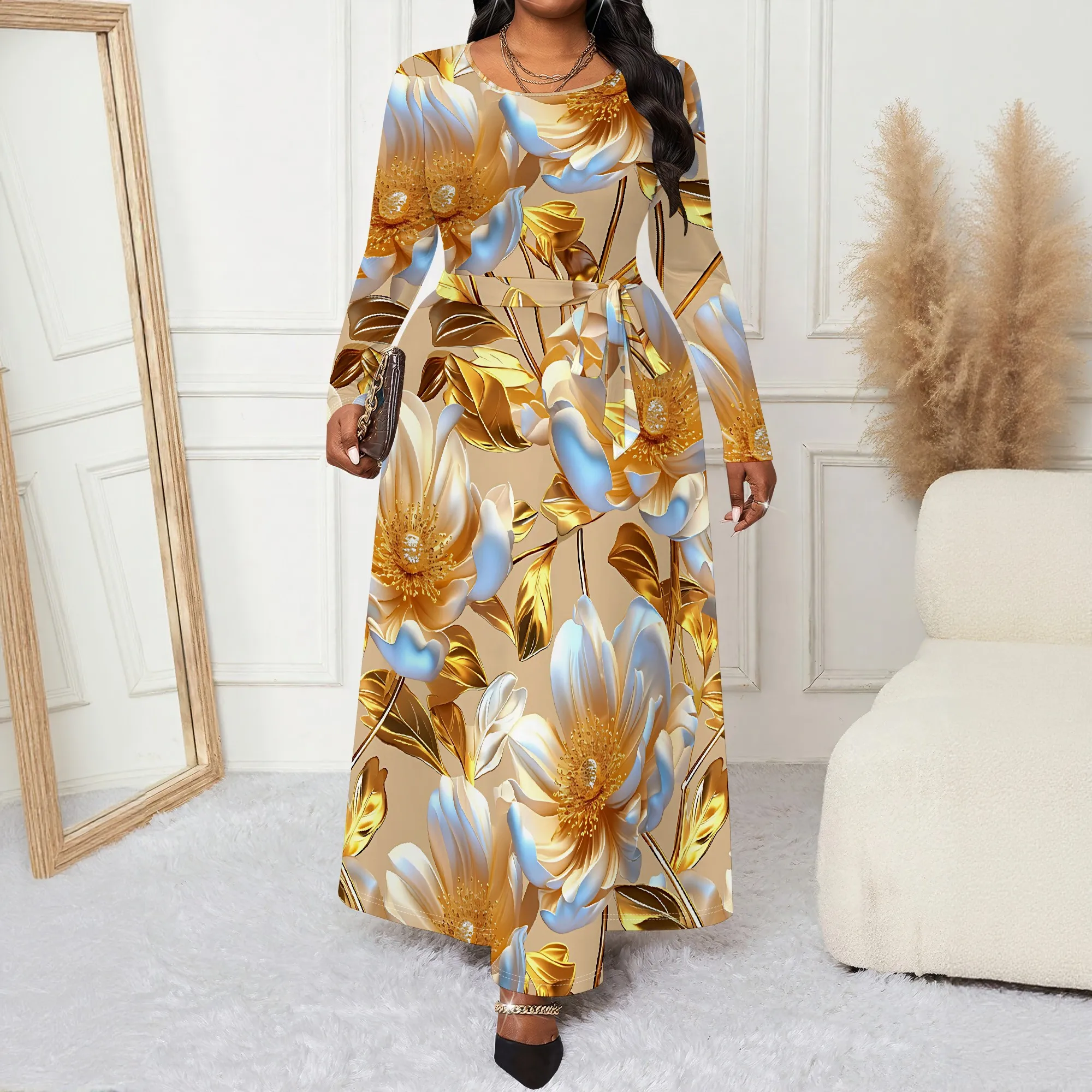 Gaun Wanita Ukuran Besar Lengan Panjang dengan Ikat Pinggang, Gaun Saku Modis Cetak 3D