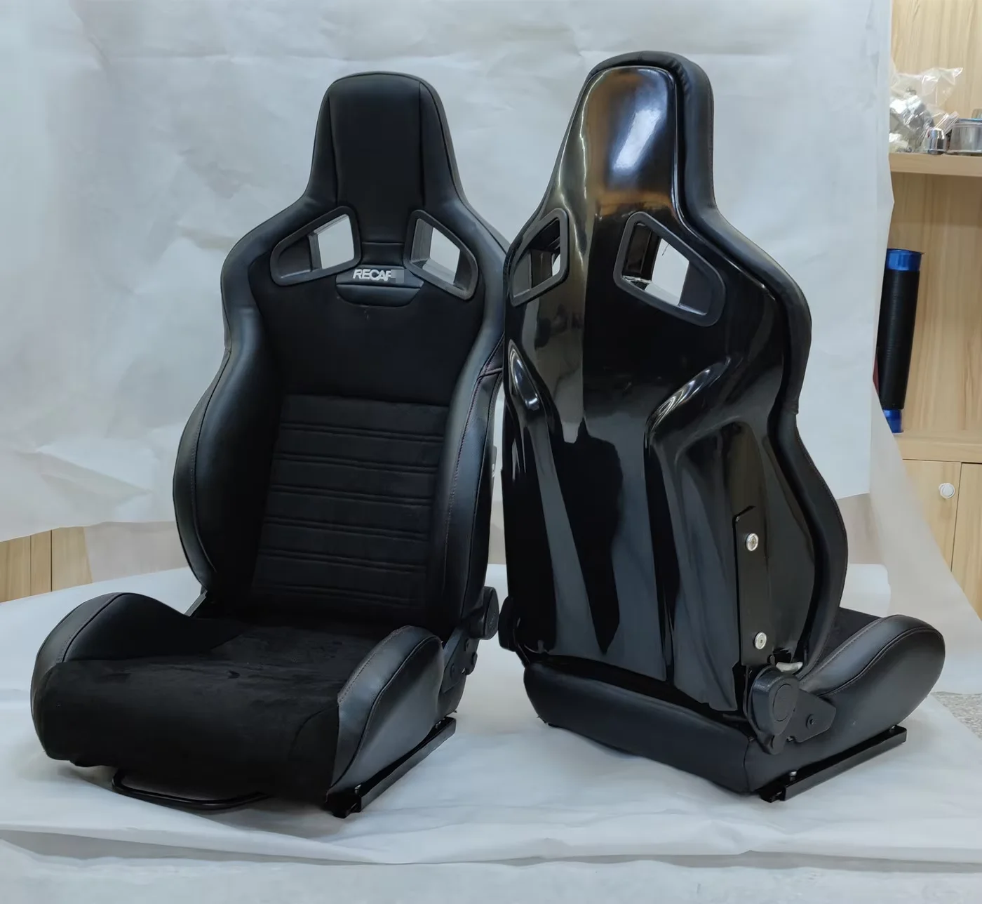 1039R Universal 2PCS Black PVC Leather With Double Slider Sport Bukcet Racing Car Seats 2ps