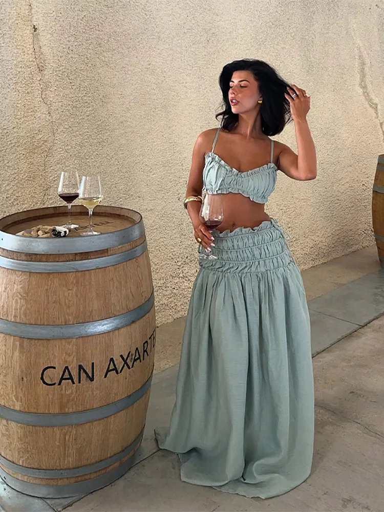 

Chic Summer Bikini Tops Maxi Skirt Sets Sexy Bodycon Ruffle Backless Lace Up Off Shoulder Vestido Elastic Waist Skirts Lady Wear