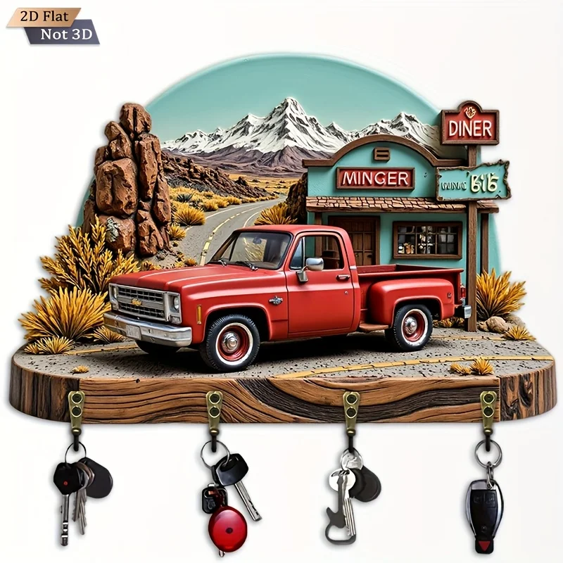 2D Flat American Vintage Pickup Truck Key Hook - Wooden Multi-Functional Decorative Keys Holder with Four Metal Hangers, 1pc,