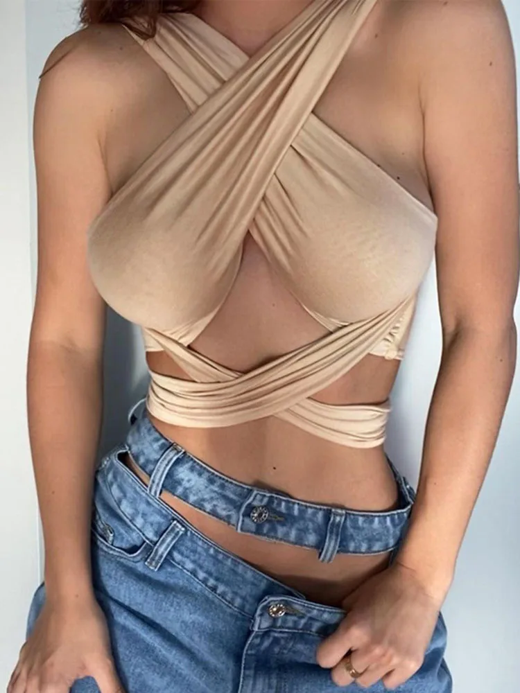 Women Strappy Cross Over Front Cut Out Halter Neck Sleeveless Backless Wrap Crop Top Bandage Vest Summer Sexy Tops Woman Clothes