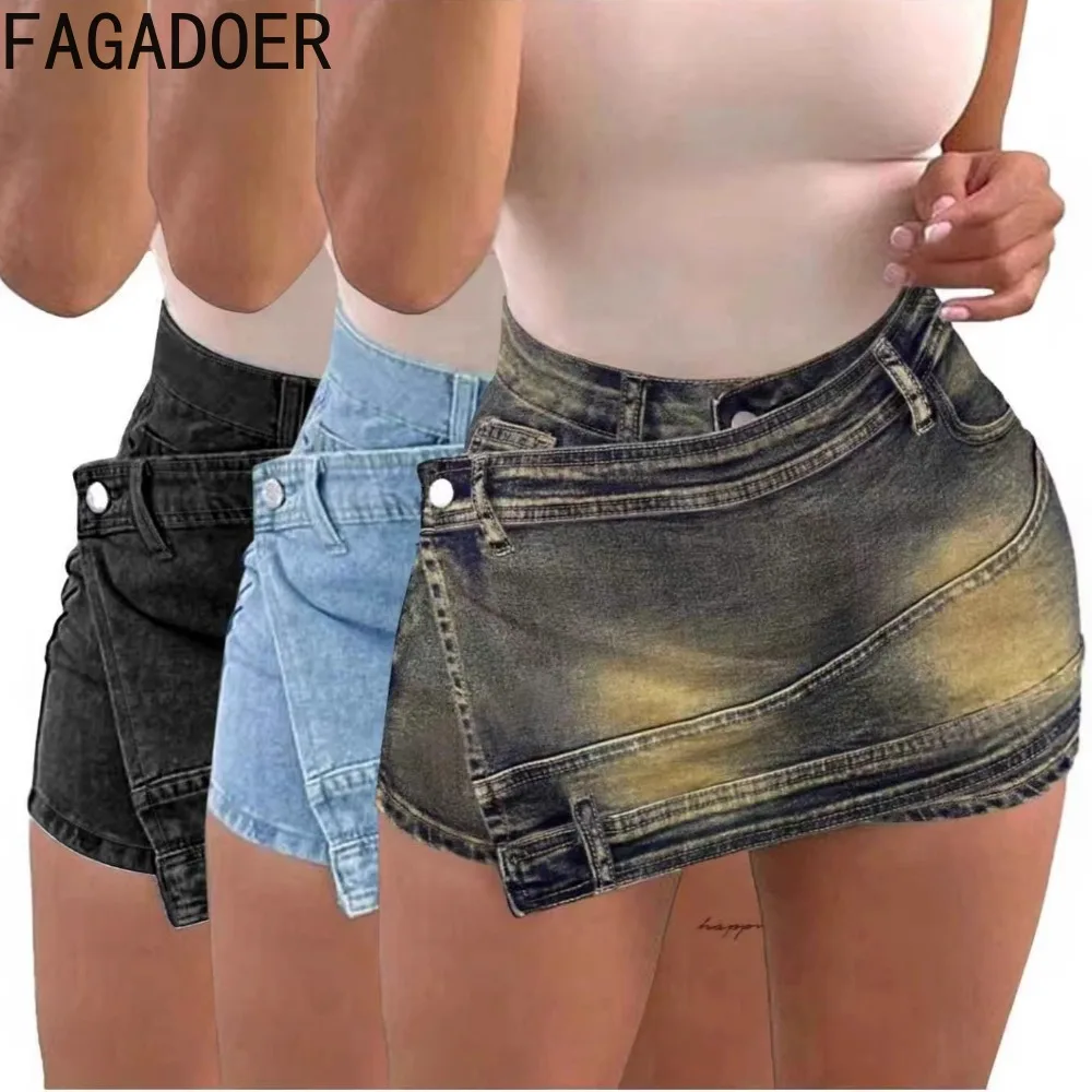 FAGADOER Vintage Fashion Denim Shorts Skirt Women Irregular Patchwork High Waisted A-line Jean Shorts Female Streetwear Bottoms