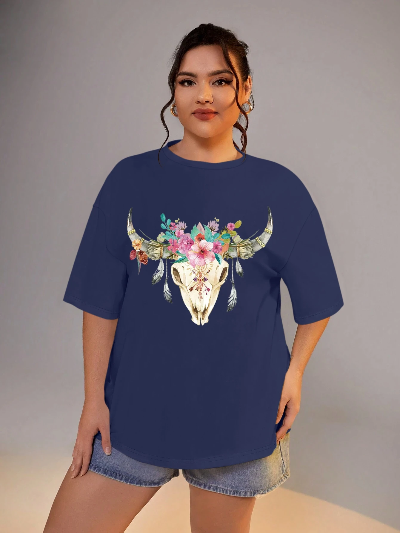 

Oversize Boho Sheep Head Flora Graphic T-shirt Large Size Tops Women's Plus Size Clothing Summer