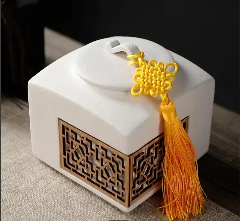 Chinese Square Tea Caddy Hollow Ceramic Jar Sealed Jar Storage Jars Tea Box Tea Container Tea Organizer Storage Tank Tea Can