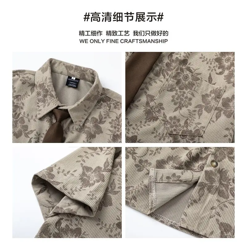BEIANJI 2025 new men clothing American retro corduroy floral short-sleeved shirt men's summer loose couple tie shirt for mens