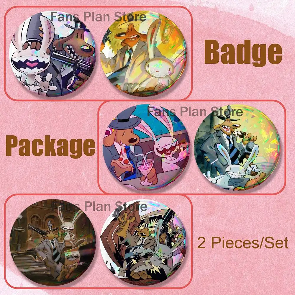 Game Police Bosco Sam Max Brooches Backpack Accessories 25,32,44,58,75mm Round Enamel Pins 2-piece Set Cartoon Fan Merchandise