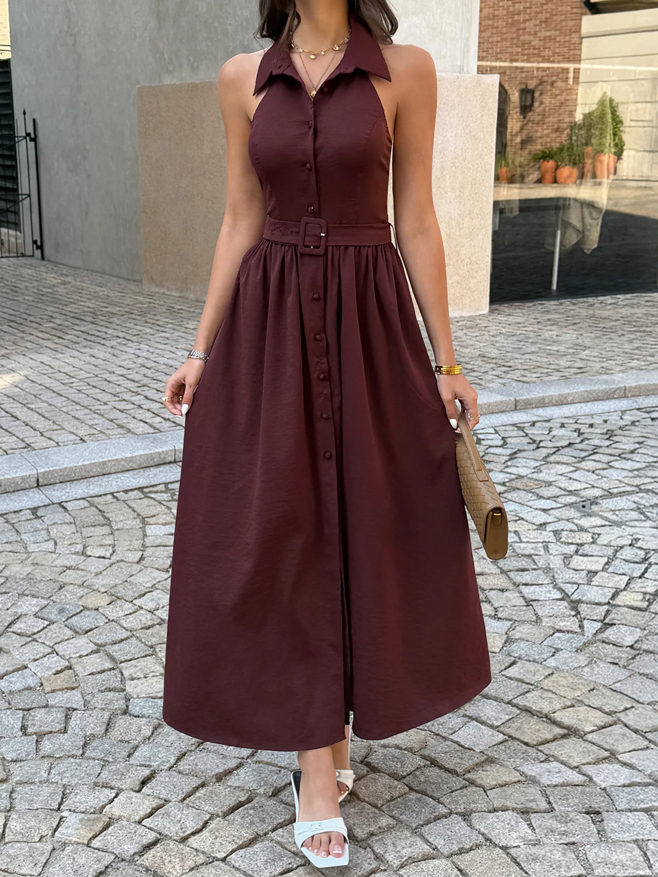 

Women's Dress New Elegant Retro Style Solid Color Lapel Button Front Waistband Design Sleeveless Backless Hanging Neck Dress