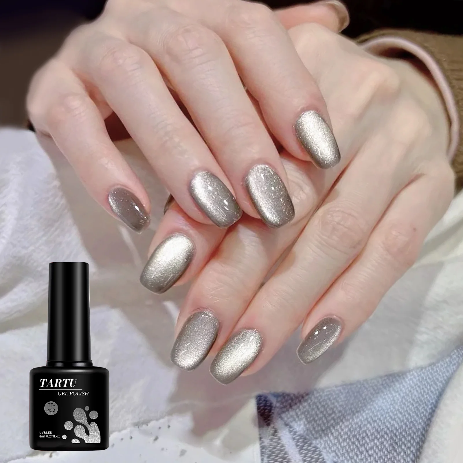 

Cat Eye Gel Nail Polish, 8ml Soak Off LED/UV, Neutral gray Holographic Porcelain Glitter effect for Summer Nail Art,Long-lasting