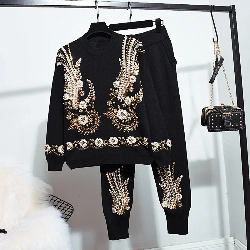 

Beaded Flower Embroidery Knitted Tracksuit Women Outfits Long Sleeve Sweater Pencil Pants Set Female Loose Casual Knitting Suits