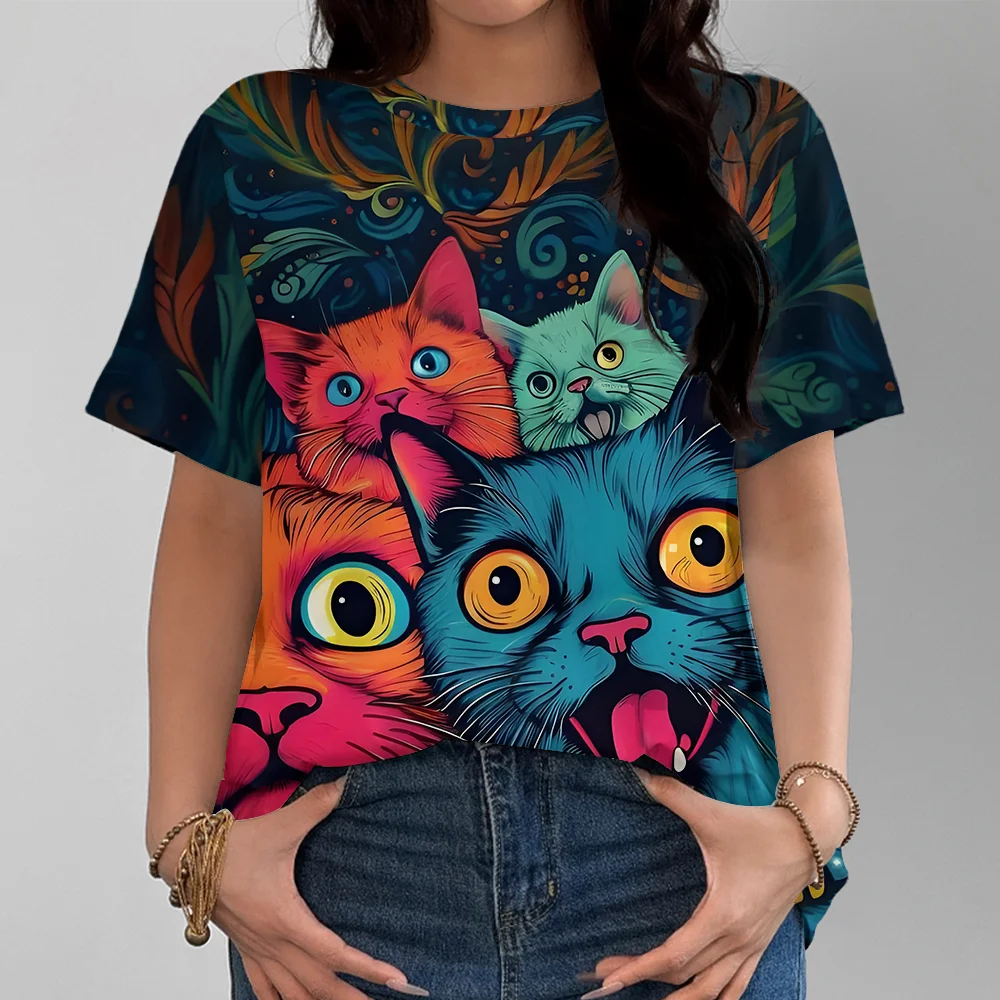 

Summer Personalized Cute Cat Pattern Daily Casual Versatile Women's Short Sleeved T-shirt Classic Pullover Unisex Y2K Streetwear
