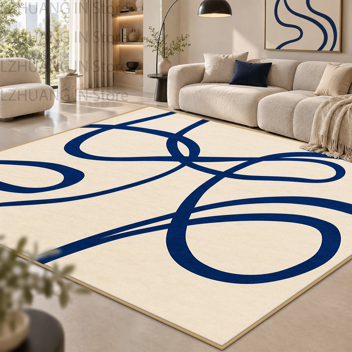 Modern Abstract Blue Curve Large Area Carpet Durable Machine Washable Living Room Rug Fluffy Non-slip Floor Mat Decor Home Room