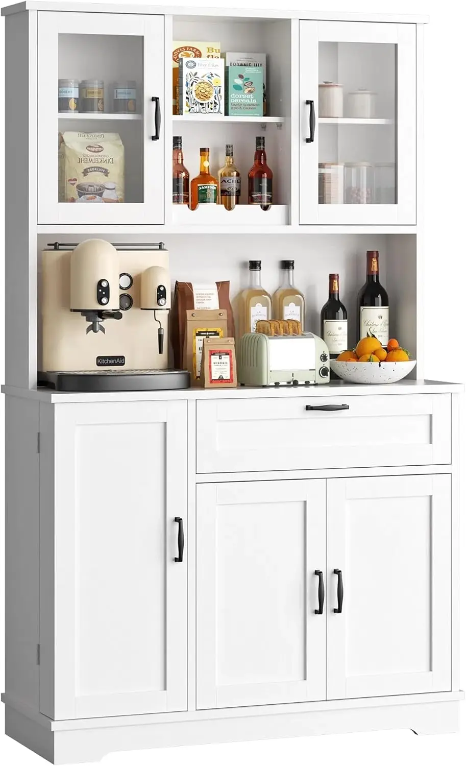 Hoher Küchen-Speisekammer, modernes Küchen-Aufbewahrungsbrett mit Schrank und Mikrowellenständer, Speisekammer mit Regalen für das Esszimmer