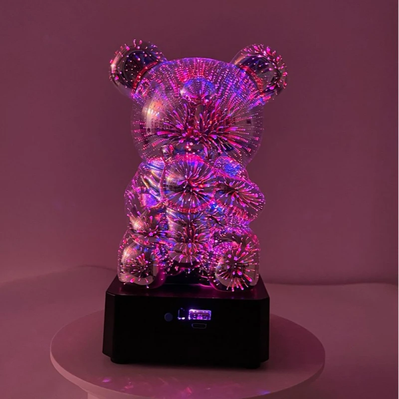 2023 New 3D Fireworks Holding Bear Colorful Wireless Bluetooth Speaker Light Illusionary Music Atmosphere Creative Night Light