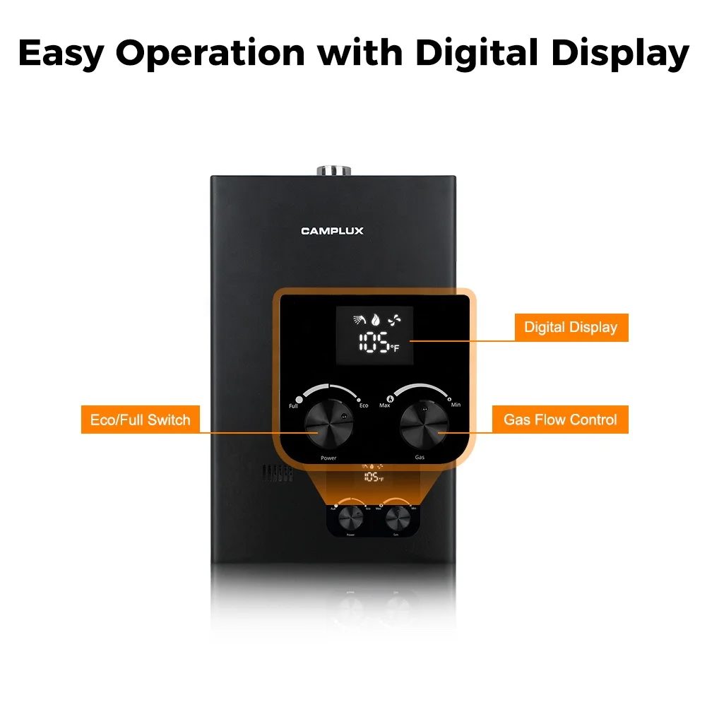 Camplux CM264B ガス式タンクレス給湯器 2.64GPM オンデマンド給湯システム (住宅用、全館対応、ブラック)