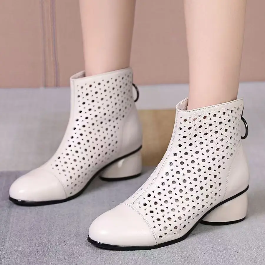 

Women Genuine Leather Big Size Cave Ankle Boots Spring Summer New Soft Sole Round Toe Hollow Out Block Heel High Top Cool Boots