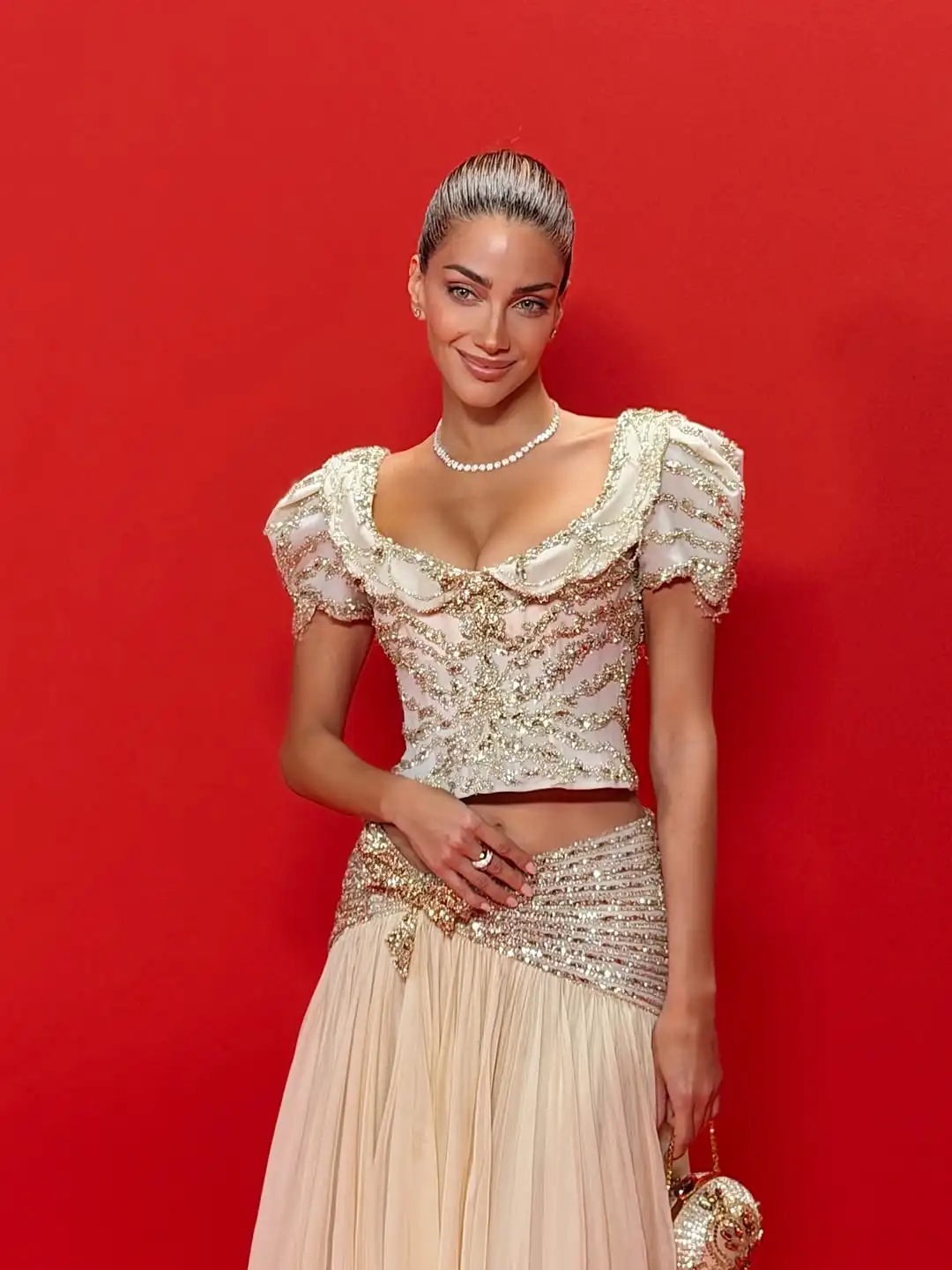 

Ofherown Beige Beaded Sequins Two-Piece Evening Gown Women Puff Sleeve Formal Prom Dress with Train for Party Red Carpet