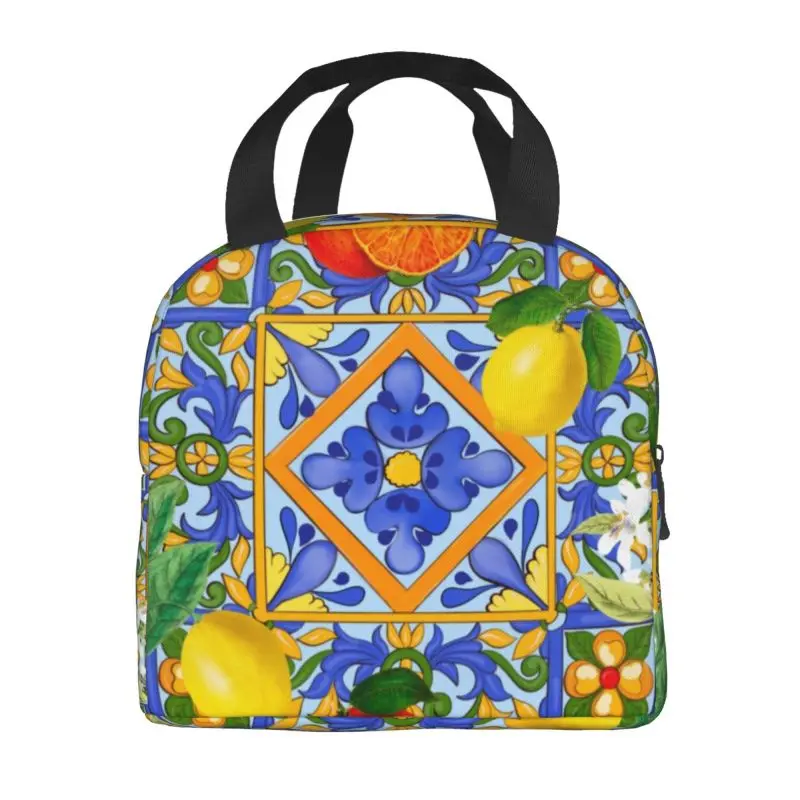 Sicilian Tiles Summer Fruit Oranges Lemons Insulated Lunch Bag for Camping Travel Portable Thermal Cooler Lunch Box Children