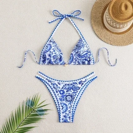 

Sexy Two Pieces Bikini Set Women Blue and White Porcelain Print Bikini Set Push-Up Swimsuit Beach Halter Swimwear Bathing Suit