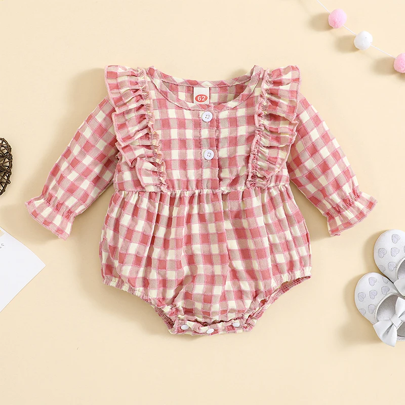 Baby Girl Plaid Romper Round Neck Ruffled Frill Trim Button Down Jumpsuit Infant Spring Long Sleeve Clothes