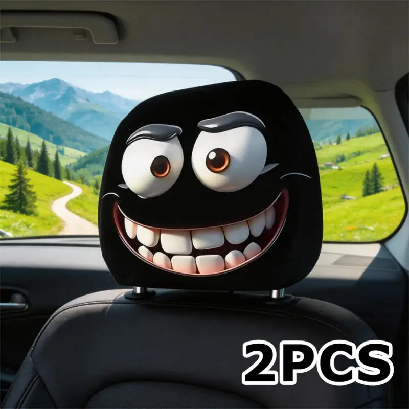 2Pcs Funny Grinning Face Car Headrest Covers, Universal Black Cartoon Expression Headrest Sleeves, Trendy Car Interior Decor