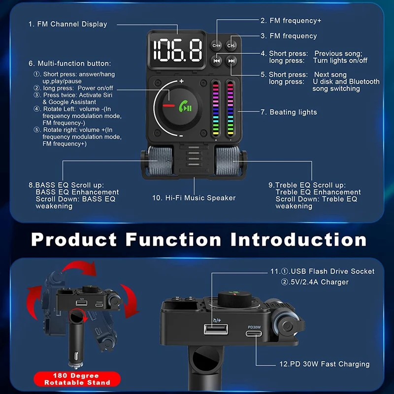 Usb Car Bluetooth Adapter Bluetooth 5.3 FM Transmitter, PD 30W Type C Fast Charge & USB Port, Hifi Treble & Bass Player