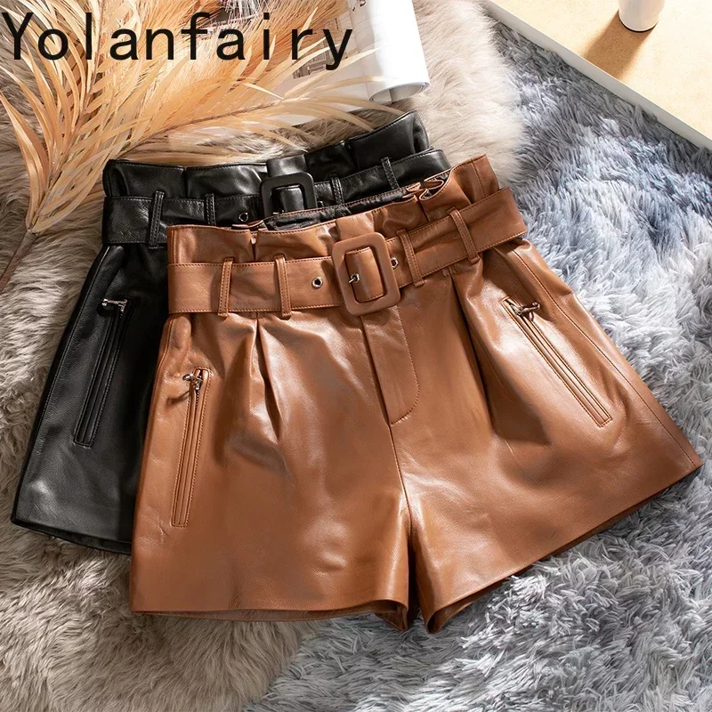 Female High Waist Shorts Summer 2024 Real Sheepskin Leather Shorts for Women Slim Women\'s Short Ropa Para Mujer Zjt2444