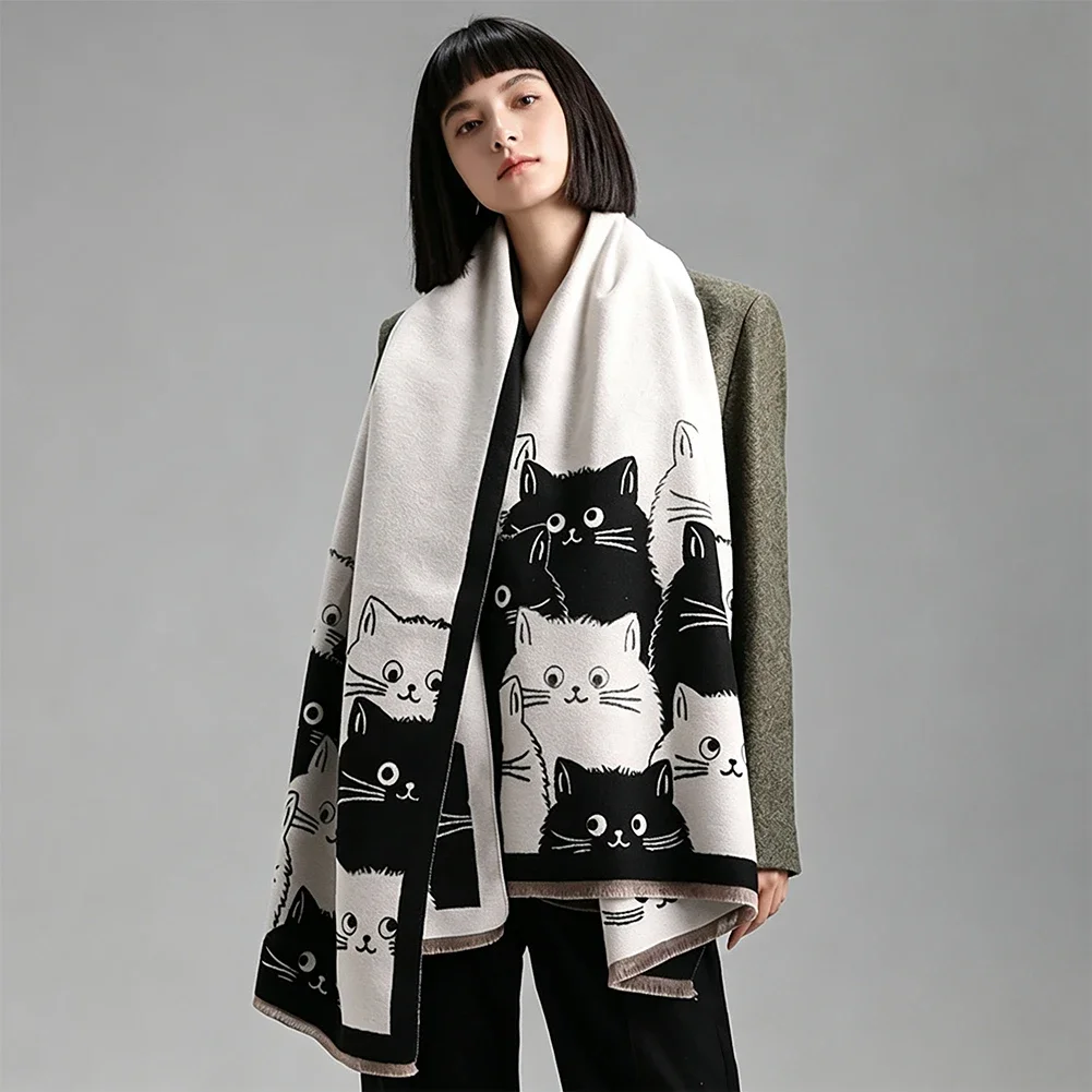 Cute Fashion Cat Jacquard Cashmere Scarf For Ladies Winter Thick Warm Blanket Scarf Coldproof Windproof Soft Shawl
