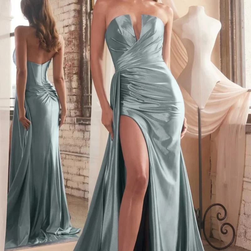 

Women'S Satin Evening Dress Sexy Sleeveless V-Neck High Slit Formal Occasion Party Ball Dress Pleated Cocktail Dress