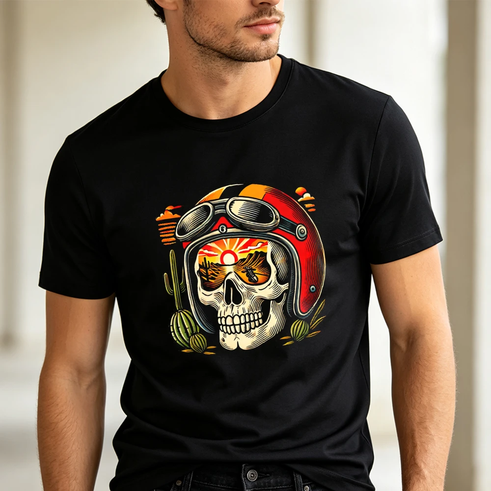 Motorbike Helmet Skull Biker T Shirt Men Cool Rebel Rider Graphic Print Tee Black Vintage Streetwear Top
